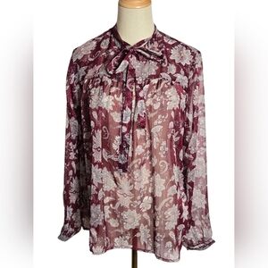 Lucky Brand Floral Paisley Sheer Bow Tie Neck Blouse